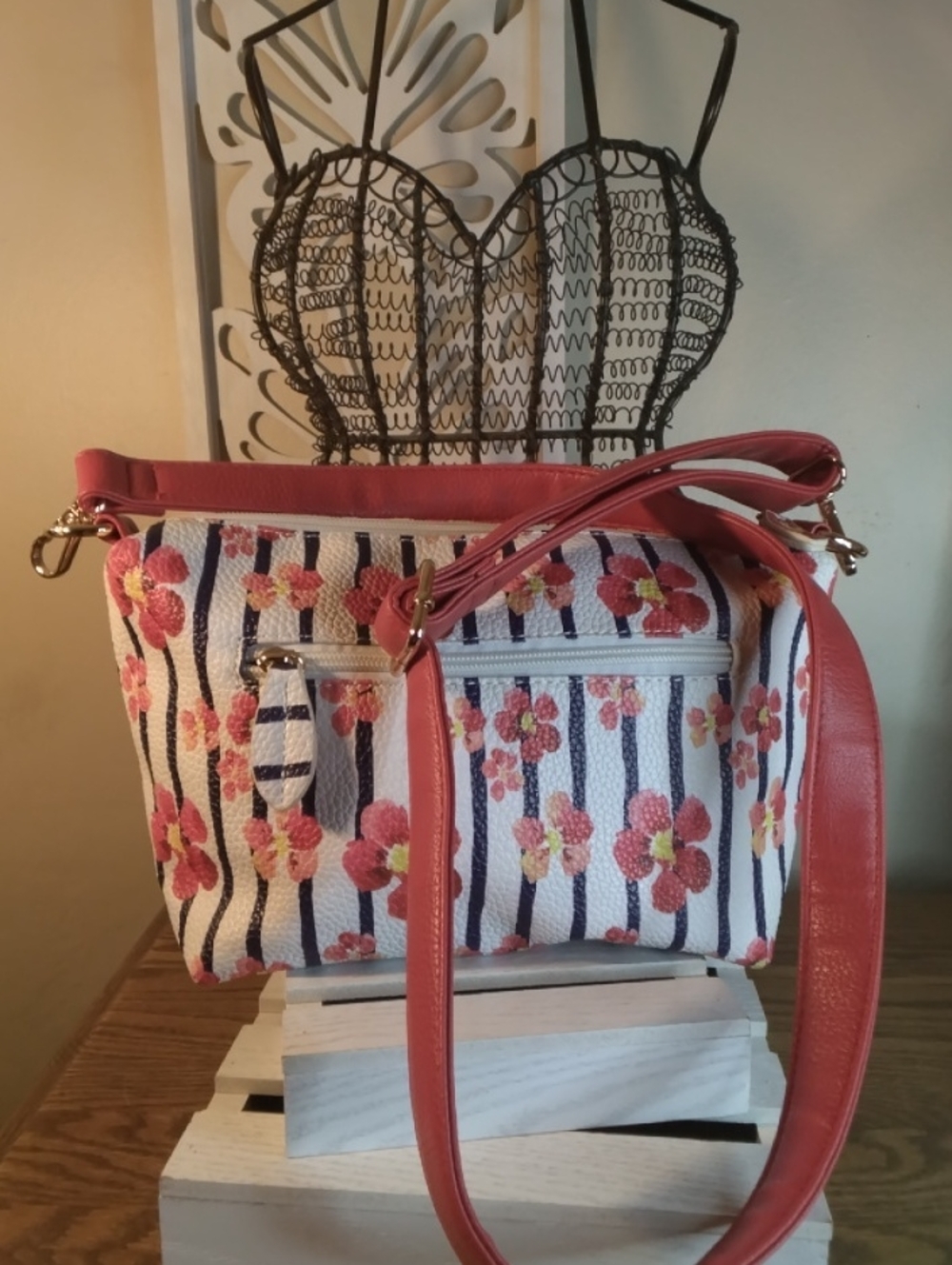 Floral Stripe Crossbody Bag in Coral and White